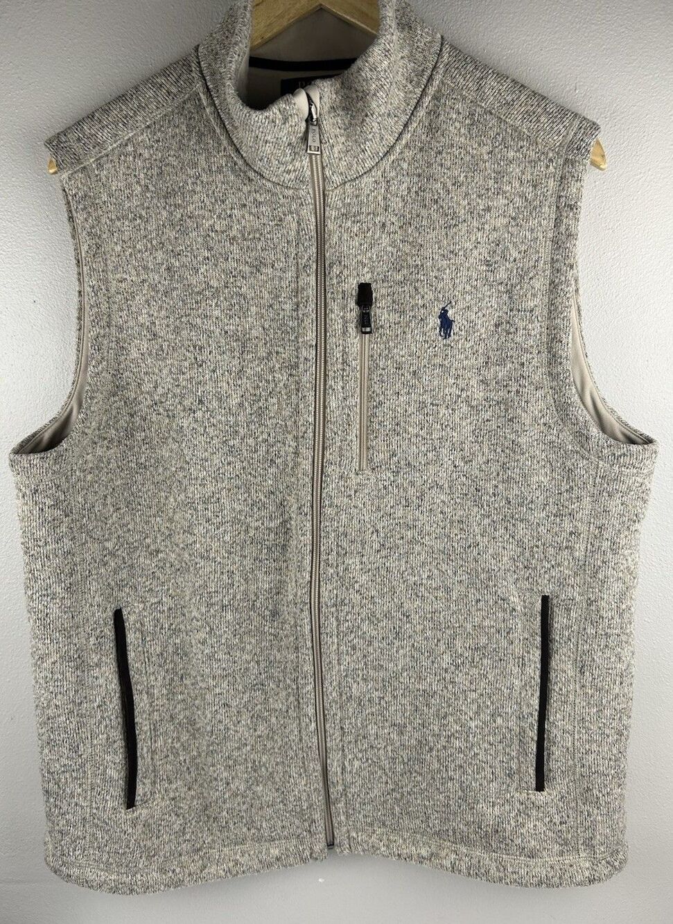 Polo Ralph Lauren performance Sweater Fleece Full Zip Vest Tan Gray Size L Pony